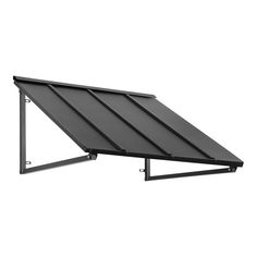 a black awning on top of a metal pole with an open side panel and two legs