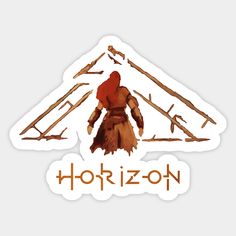 a sticker that says horizon with an image of a man in front of some branches