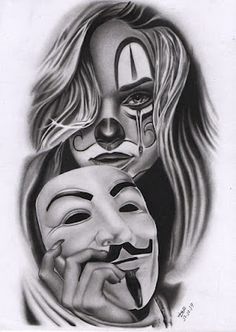 a pencil drawing of a woman holding a guy with a mask on it's face