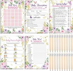 the baby shower game is shown with flowers and butterflies on it, along with pencils