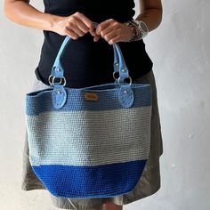 Summer crochet Tote bag. Every day bag, comfortable and modern. Made with cotton yarn, the handles are artificial leather. Three colours beach bag. Gift small purse Size bag  approx : 16 inch/ 16 inch Casual Blue Bucket Bag With Double Handle, Blue Tote Bucket Bag With Handles, Blue Tote Bucket Bag, Trendy Beach Hobo Bag With Leather Handles, Trendy Hobo Bag With Leather Handles For Beach, Blue Large Capacity Hobo Bag For Summer, Large Capacity Blue Hobo Bag For Summer, Casual Blue Tote Bucket Bag, Handmade Blue Canvas Travel Bag