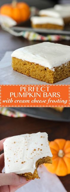 pumpkin bars with cream cheese frosting are the perfect treat for fall and halloween time