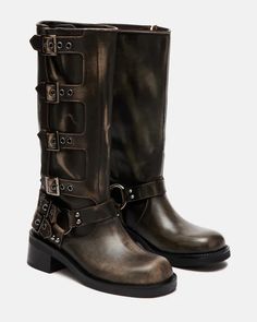 ROCKY Brown Distressed Knee High Boots | Women's Boots – Steve Madden Rocky Boots, Women's Motorcycle Boots, Engineer Boots, An Engineer, Steve Madden Boots, Knee Boot, Motorcycle Women, Buckle Boots, Motorcycle Boots