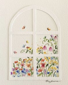 an open window with colorful flowers painted on the glass and butterflies flying around it,