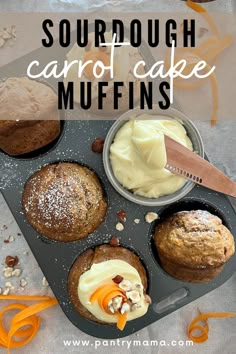 carrot cake muffins with cream cheese frosting in the middle