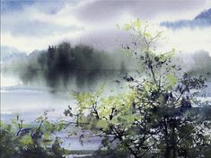 a painting of trees and water on a cloudy day