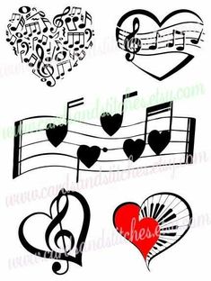 music notes, hearts and trebles are featured in this clip art file for the classroom