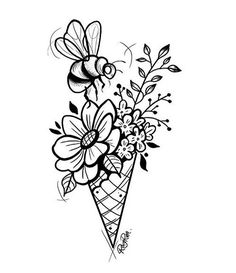 an ice cream cone filled with flowers and bees