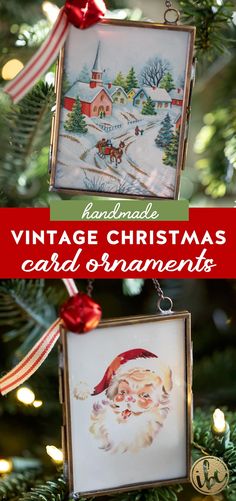 an ornament hanging from a christmas tree with the words vintage christmas card ornaments