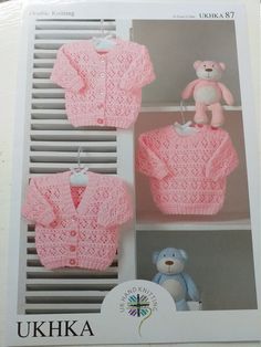 the knitting pattern for this cardigan and sweater is available in two different styles, including pink