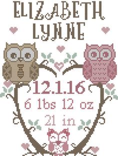 cross stitch pattern with two owls sitting on a branch in the shape of a heart