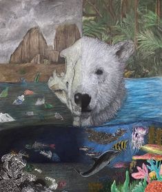 a drawing of a polar bear in the water surrounded by fish and other marine life