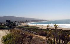 the beach is lined with trees and bushes