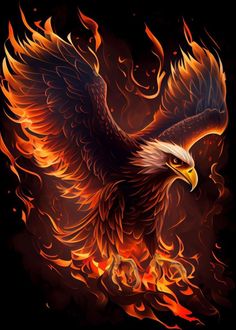 an eagle with flames flying through the air