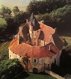 an aerial view of a castle in the middle of trees and grass, looking down on it's roof