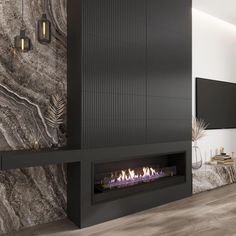 a modern fireplace in a living room with marble walls and floor tiles on the wall