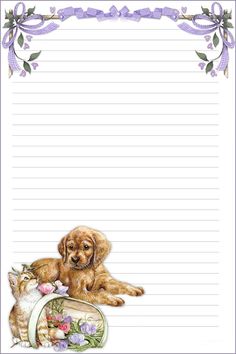 a notepad with a dog and cat on it, in the middle of an ornate border