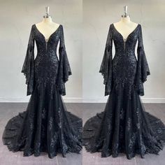 Gothic Black Wedding Dresses Flared Sleeve V Neck Sweep Train A Line Bridal Gown.  "This pin contains affiliate links, which means I may earn a commission at no cost to you extra for you". 
 #affiliate #advertising" Goth Princess Wedding Dress, Simple Goth Wedding Dress, Gothic Reception Dress, Black Lace Wedding Dress Vintage, Gothic Bride Wedding Dress, Black Witchy Wedding Dresses, Whimsy Goth Wedding Dress, Black Bell Sleeve Wedding Dress, Black Witch Wedding Dress