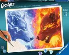 a person holding a paintbrush in front of a painting of two wolfs on fire