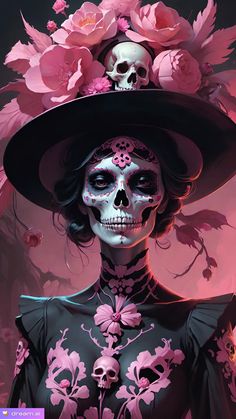 a woman wearing a black hat with pink flowers on it's head and skull makeup