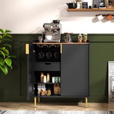 a kitchen with green walls and wooden shelves, coffee maker on the side cabinet next to potted plant