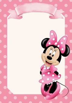 a minnie mouse holding a pink heart with polka dots on it's side and an empty