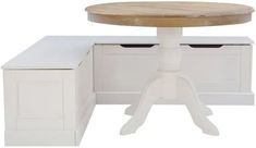 a white table with two drawers and a wooden top sitting next to a small cabinet