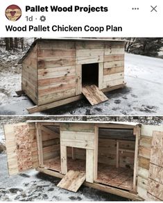 the chicken coop is made out of pallet wood and has been built to look like it