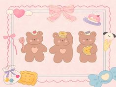 three brown teddy bears sitting next to each other in front of a pink background with hearts