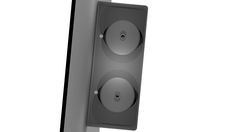 two speakers are shown in the corner of this wall mounted speaker system, which is built into an aluminum frame