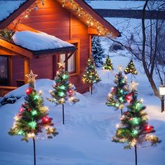 christmas trees are lit up in front of a small cabin with snow on the ground