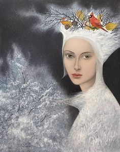 a painting of a woman wearing a white dress with birds on her head and leaves in her hair