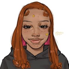 a drawing of a girl with long red hair and pink earrings, wearing a black hoodie