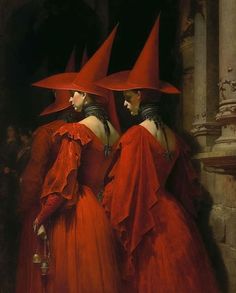 two women in red dresses and matching hats are facing each other with their backs to the camera