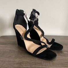 Fashion Nova Women’s Black Wedges - Size 9 - Back Zip - Novelty Strap Details - Heel About 4” Brand New, Never Used Black Sandals With 4-inch Heel For Night Out, Black Suede Wedge Heel Sandals, Wedge Heels With Heel Loop For Night Out, Fitted Suede Sandals For Party, Fitted Suede Party Sandals, Black Sandals For Night Out, Black Suede Sandals With Heel Loop, Black Suede High Heel Sandals, Trendy Black Sandals With Comfortable Fit