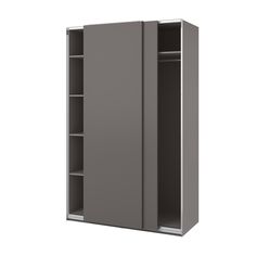 a gray cabinet with two shelves and one door open on an isolated white background,