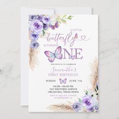 a purple and white butterfly birthday party card with flowers on the front, in watercolor