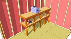 a drawing of a workbench in the corner of a room with pink walls