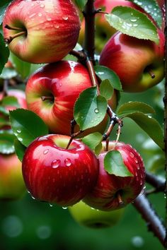 several red apples hanging from a tree with water droplets on them