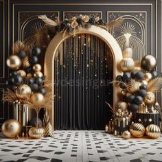 a black and gold room with an arch decorated with golden balls, feathers and other decorations