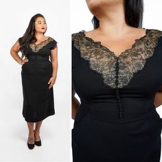 "S T R A I G H T T A L K ▲ Circa: 1940s/50s ▲ Tag: Untagged ▲ Condition: Very Good D E T A I L S ▲ Lightweight black material, maybe a crepe? ▲ Ornate lace along neckline & hem of sleeves ▲ Buttons extending down bodice ▲ Pockets ▲ Unlined ▲ Side zipper entry C O N D I T I O N ▲ Very Good S I Z I N G ▲ Would probably best fit a size LARGE. This is just an estimate - please check measurements below. Bust: 42\" Waist: 31\" Hips: 42\" Shoulder to waist (bodice length): 15\" Waist to hem (skirt leng Patio Dress, Full Maxi Skirt, Animal Head, Floor Length Gown, Black Sheath Dress, Hem Skirt, Wiggle Dress, Lace Bodice, Dress Picture