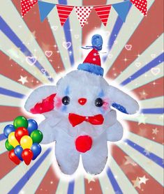 a white stuffed animal wearing a party hat and holding balloons in front of a colorful background