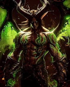 a male demon with horns on his head standing in front of green and black flames