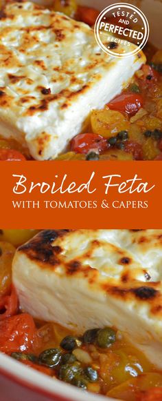 broiled feta with tomatoes and capers in a red bowl