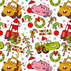 cars and christmas decorations on a white background with stars, wreaths and snowflakes