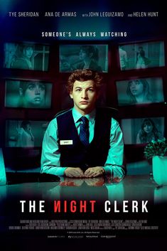 the night clerk movie poster with a man sitting at a desk in front of televisions