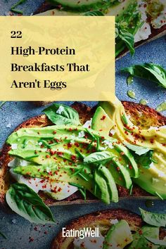 bread with avocado on top and the words high protein breakfasts that aren't eggs