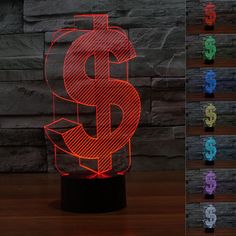 a lamp with a dollar sign on it sitting next to other money signs and balloons