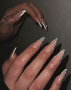 Silver French Tip Cat Eye Nails Sparkly French Tips, Pink Stiletto Nails, Glitter French Nails, Glitter French Tips, Sharp Nails, French Tip Acrylic Nails, Fake Nails With Glue, New Year's Nails