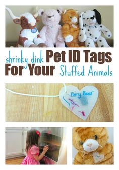 several stuffed animals with the words shrinky pink pet id tags for your stuffed animals